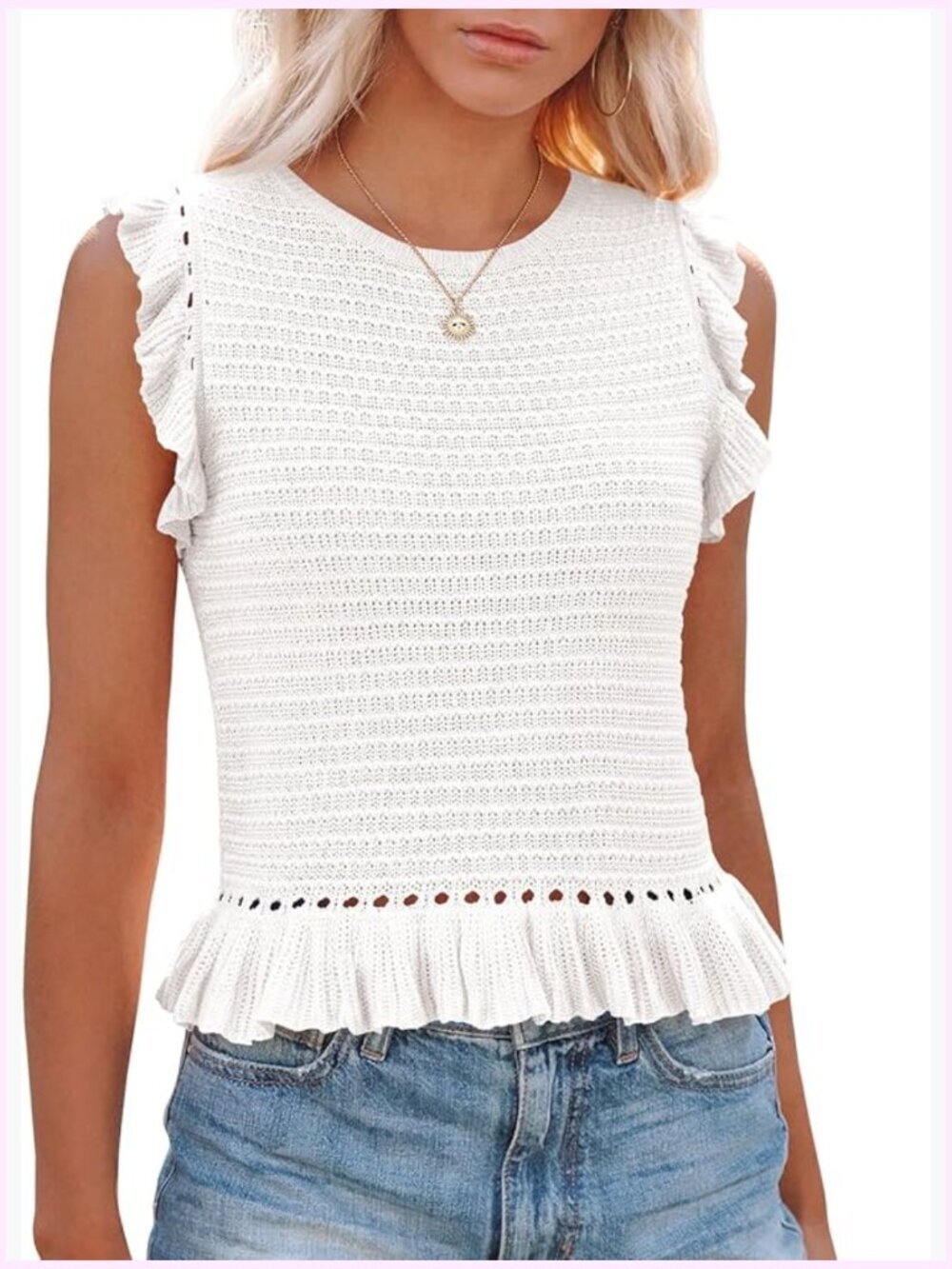 Crochet Knit Sleeveless Tank Top Crew Neck Ruffle Vest Slim Fit Summer Cami